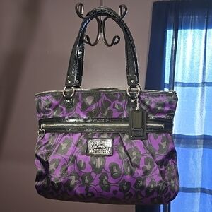 Coach Purple and Black Ocelot Print Tote with Glossy Finish